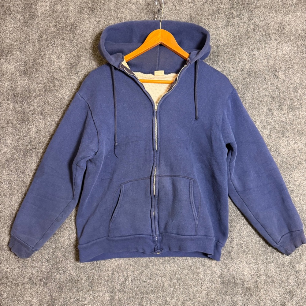 Vintage 70s Maverick Thermal Zip Up Hoodie Navy Blue Made in USA XL Fits S/M